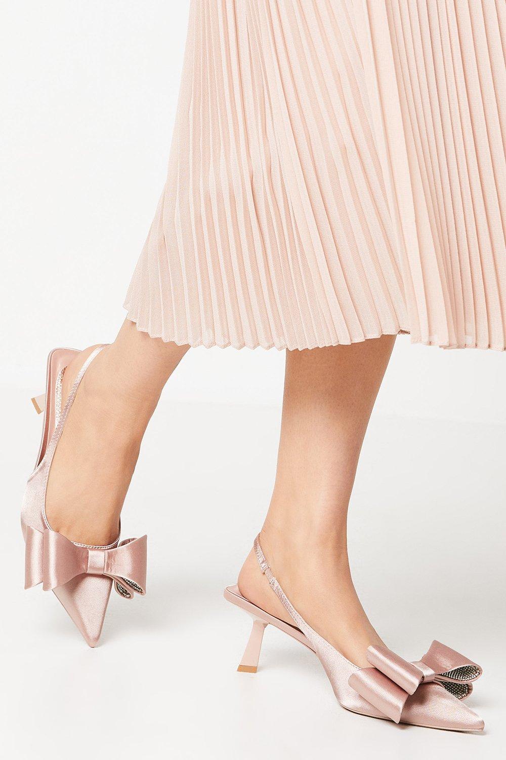 Savannah Satin Bow Detail Kitten Heel Court Shoes - Pink